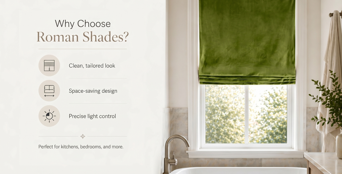 Green roman shade demonstrating clean design and precise light control.