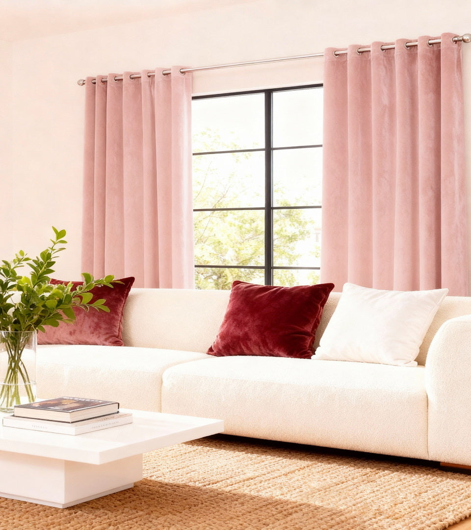 Soft blush pink velvet grommet curtains add gentle color, luxurious texture, and an elegant finishing touch to this bright bedroom. The plush fabric and modern grommet header create graceful, full drapes that pair beautifully with the neutral bedding and gold accents for a warm, serene retreat.