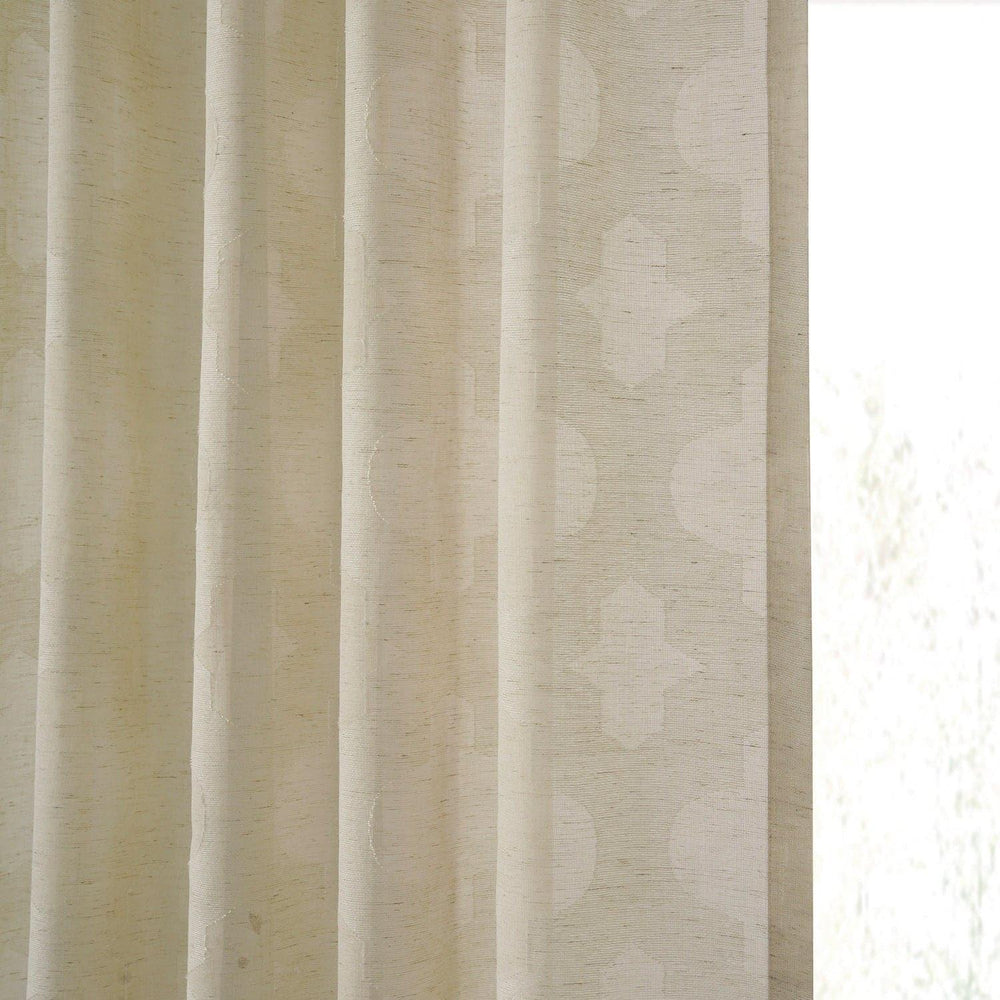 Calais Tile Beige Patterned Faux Linen Sheer Curtain - HalfPriceDrapes.com