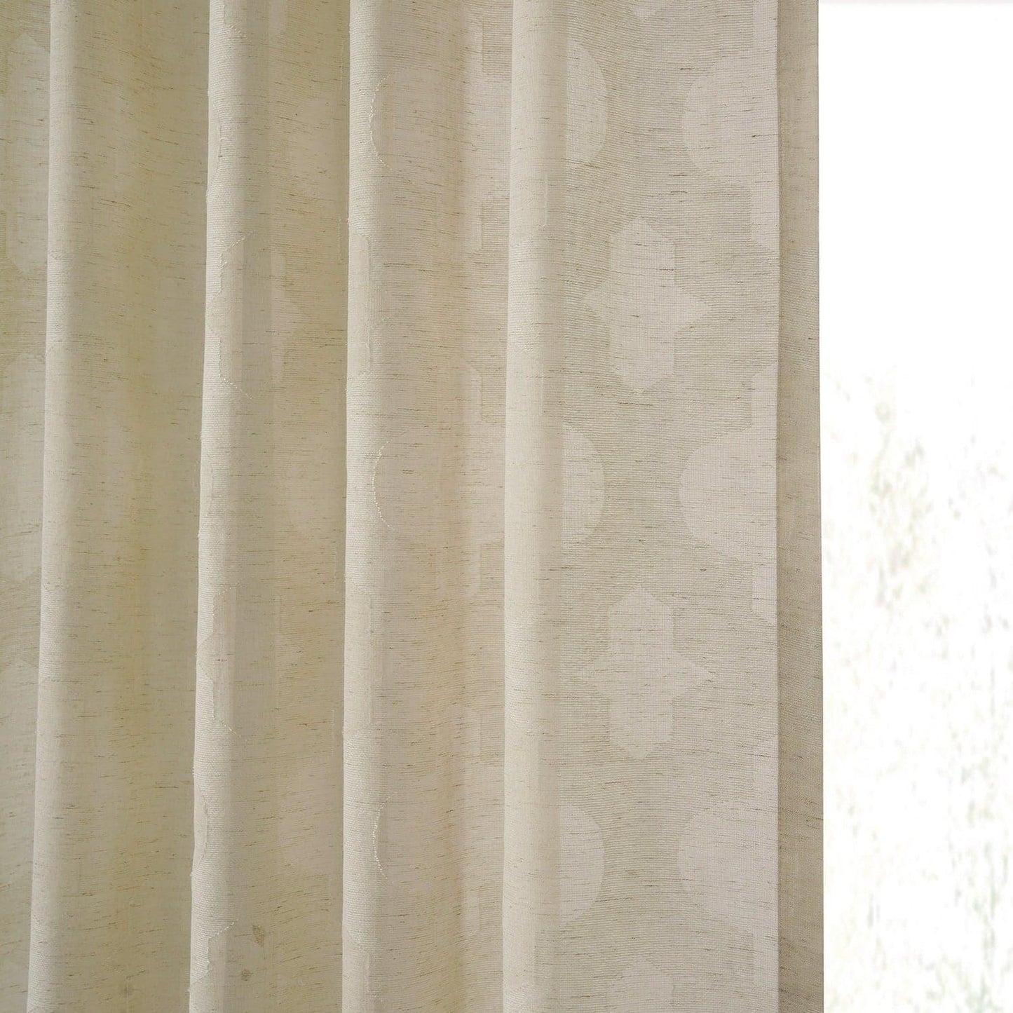 Calais Tile Beige Patterned Faux Linen Sheer Curtain - HalfPriceDrapes.com