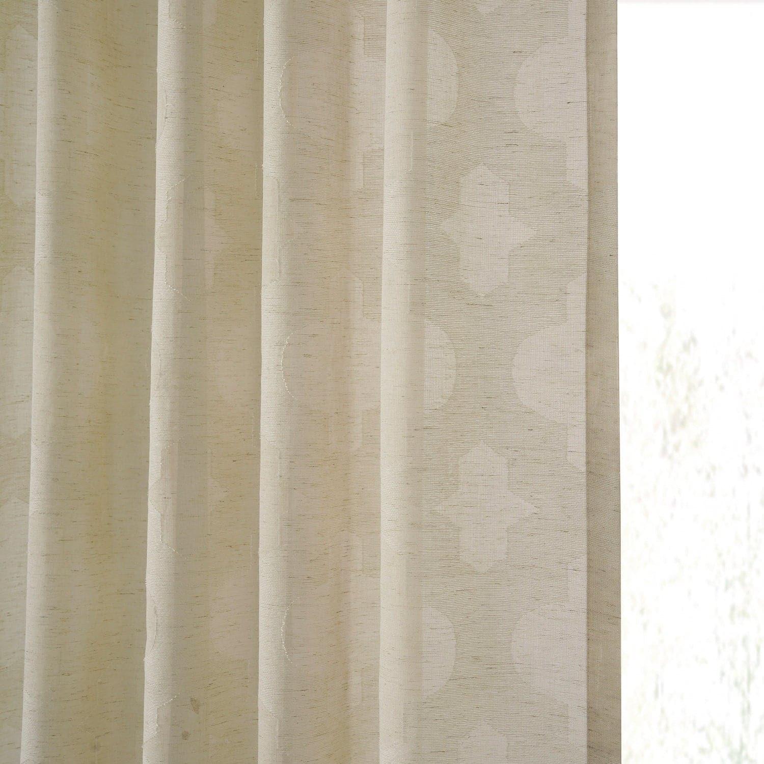 Calais Tile Beige Patterned Faux Linen Sheer Curtain - HalfPriceDrapes.com