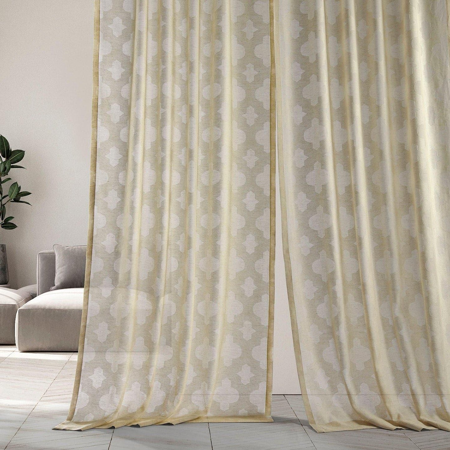 Calais Tile Beige Patterned Faux Linen Sheer Curtain - HalfPriceDrapes.com