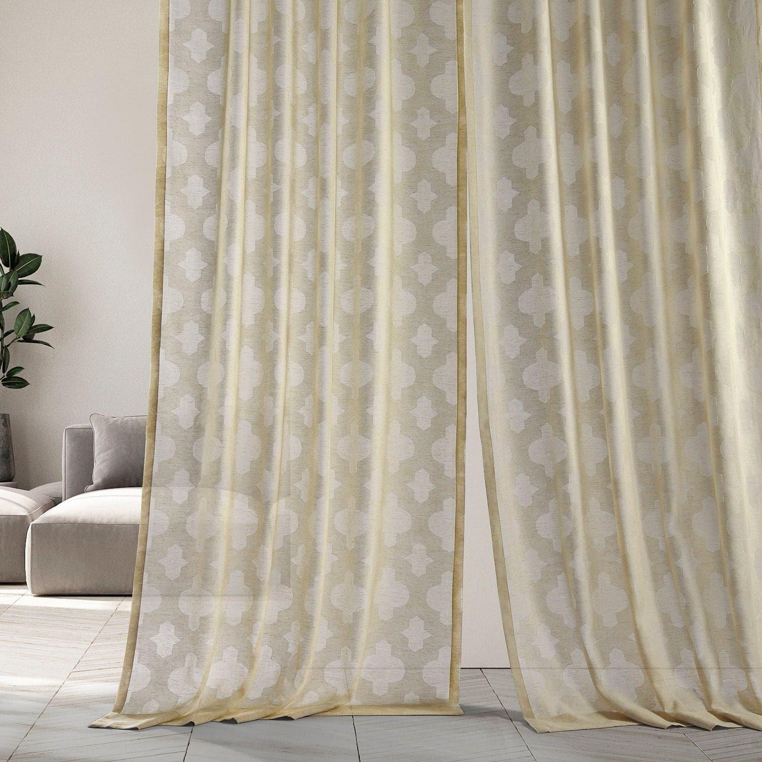Calais Tile Beige Patterned Faux Linen Sheer Curtain - HalfPriceDrapes.com