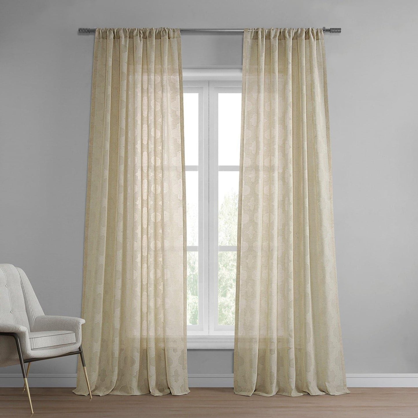 Calais Tile Beige Patterned Faux Linen Sheer Curtain - HalfPriceDrapes.com