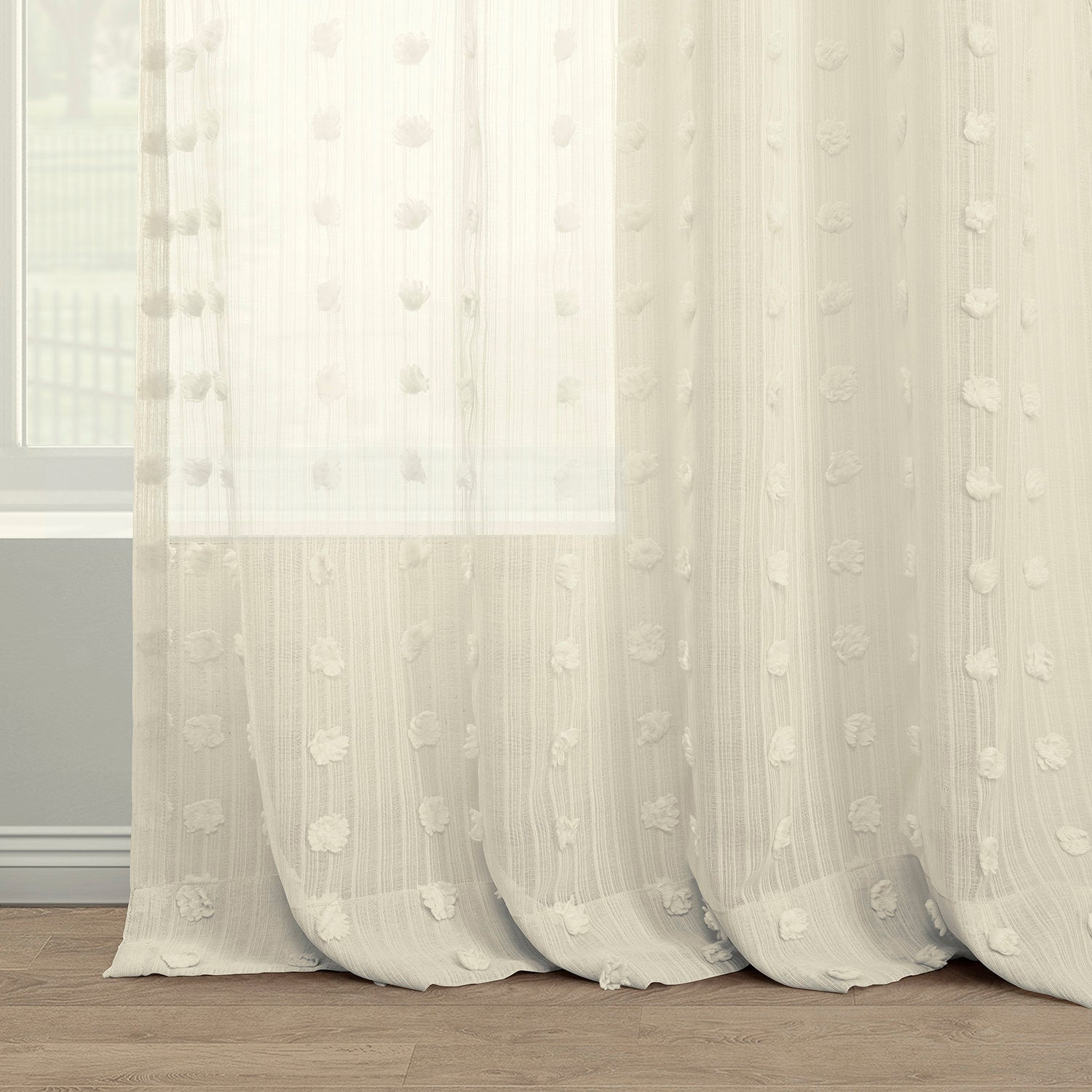 Strasbourg Dot Cream Geometric Patterned Faux Linen Sheer Curtain