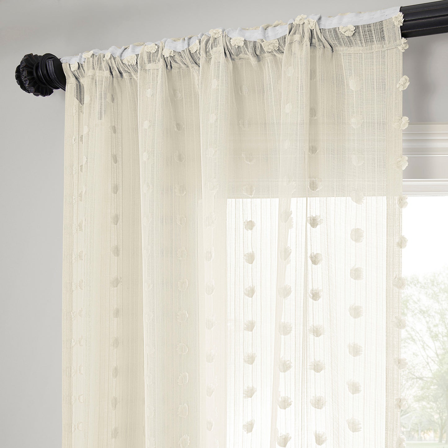 Strasbourg Dot Cream Geometric Patterned Faux Linen Sheer Curtain
