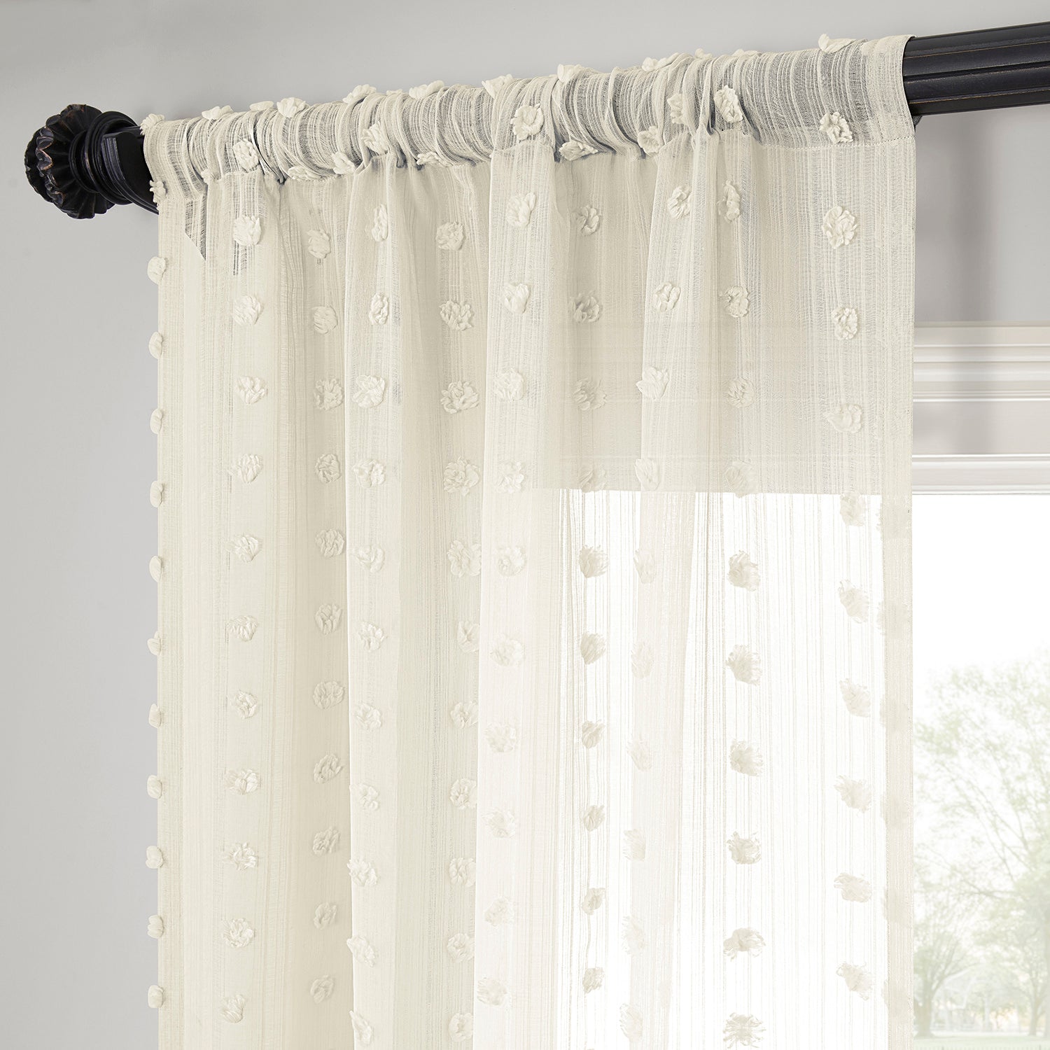 Strasbourg Dot Cream Geometric Patterned Faux Linen Sheer Curtain