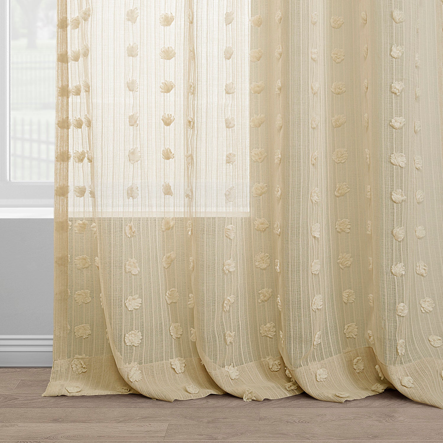 Strasbourg Dot Beige Geometric Patterned Faux Linen Sheer Curtain