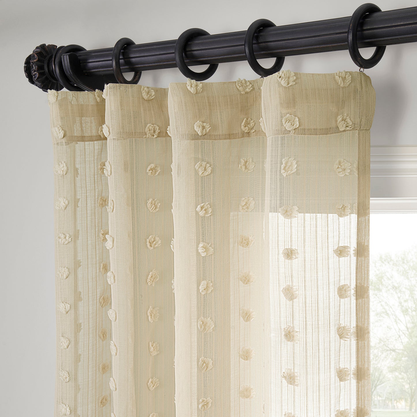 Strasbourg Dot Beige Geometric Patterned Faux Linen Sheer Curtain