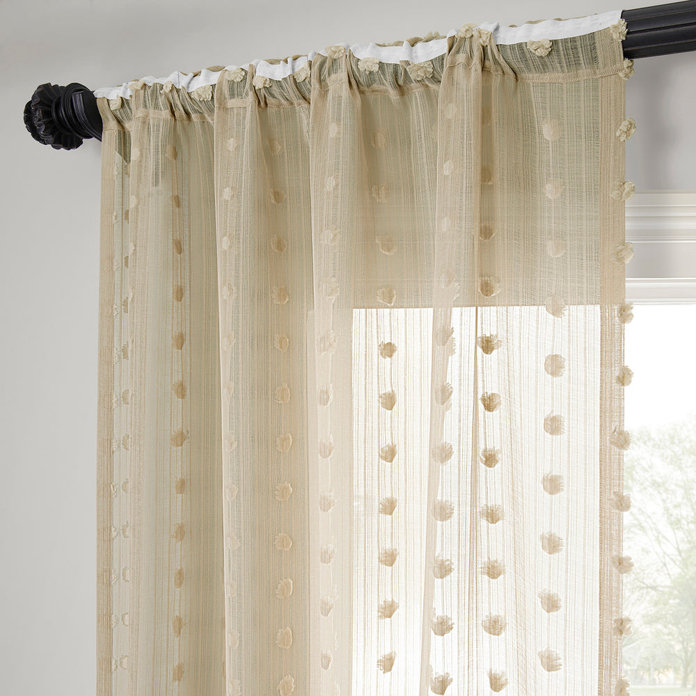 Strasbourg Dot Beige Geometric Patterned Faux Linen Sheer Curtain