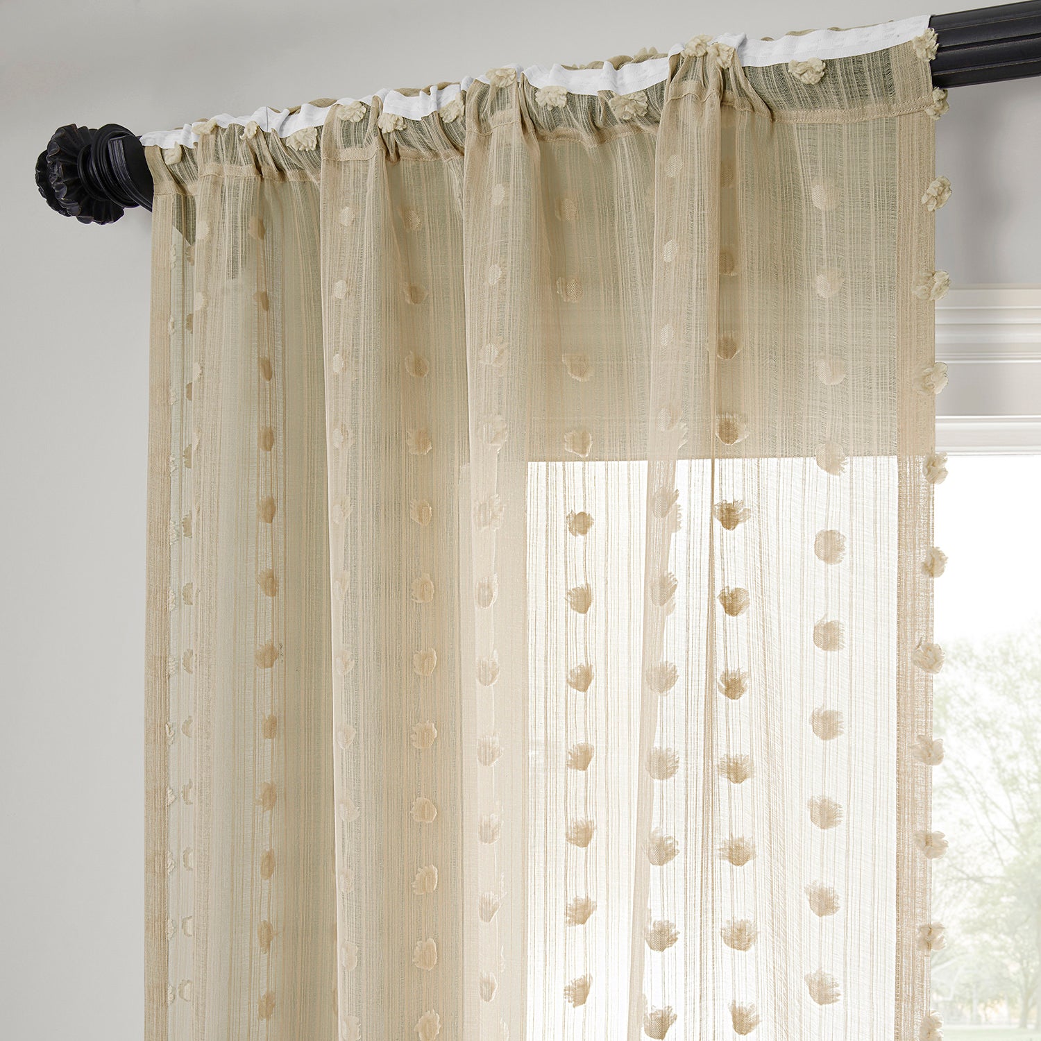 Strasbourg Dot Beige Geometric Patterned Faux Linen Sheer Curtain