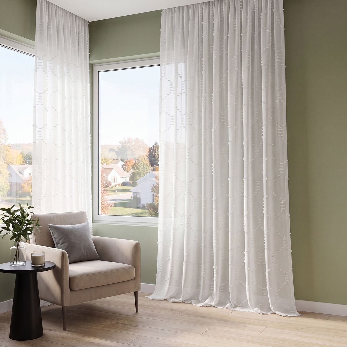 Marseille Shell Geometric Patterned Faux Linen Sheer Custom Curtain