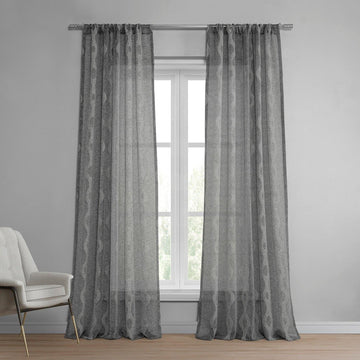Vega Charcoal Striped Patterned Faux Linen Sheer Curtain