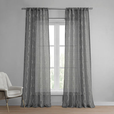 Vega Charcoal Striped Patterned Faux Linen Sheer Curtain