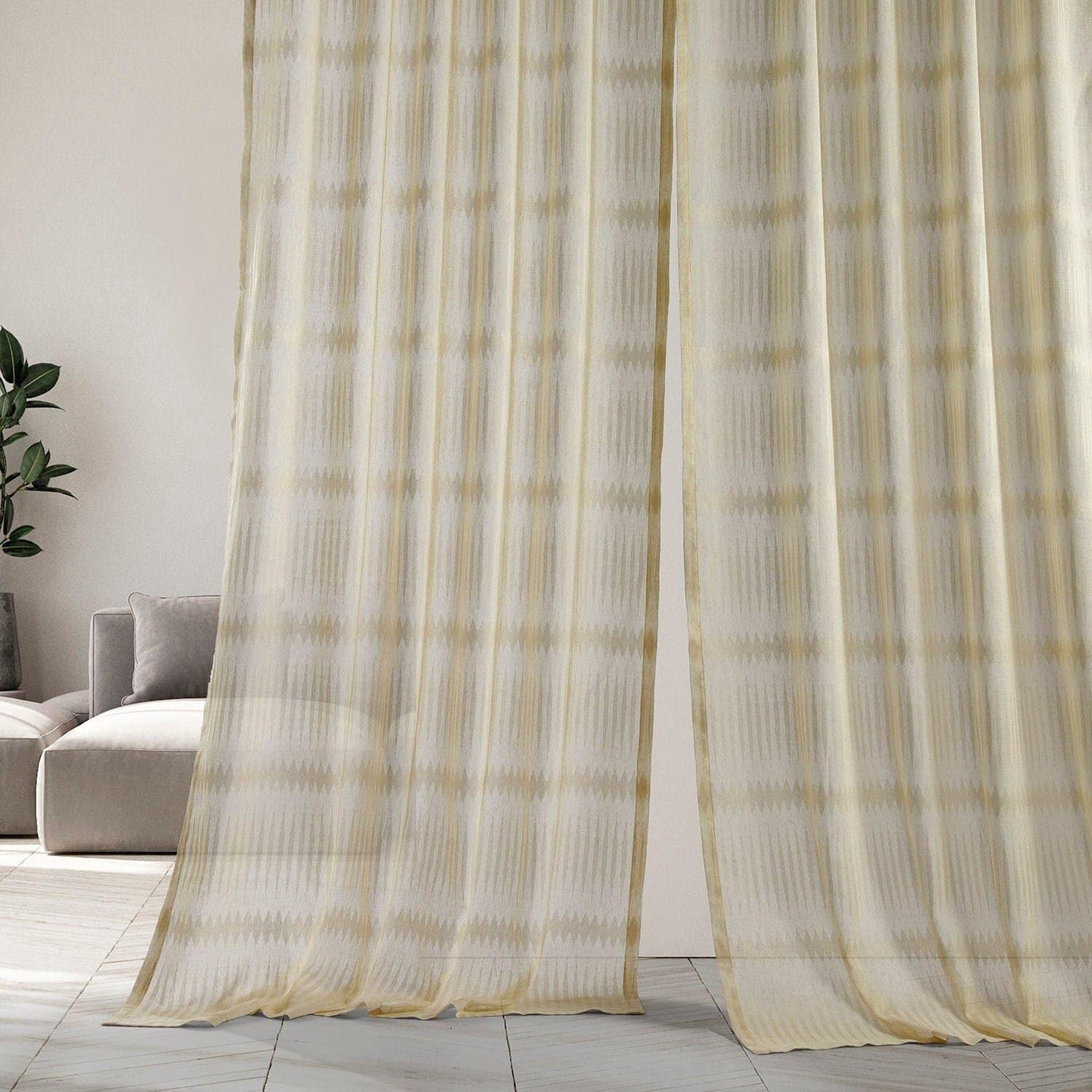 Polaris Tan Patterned Faux Linen Sheer Curtain - HalfPriceDrapes.com