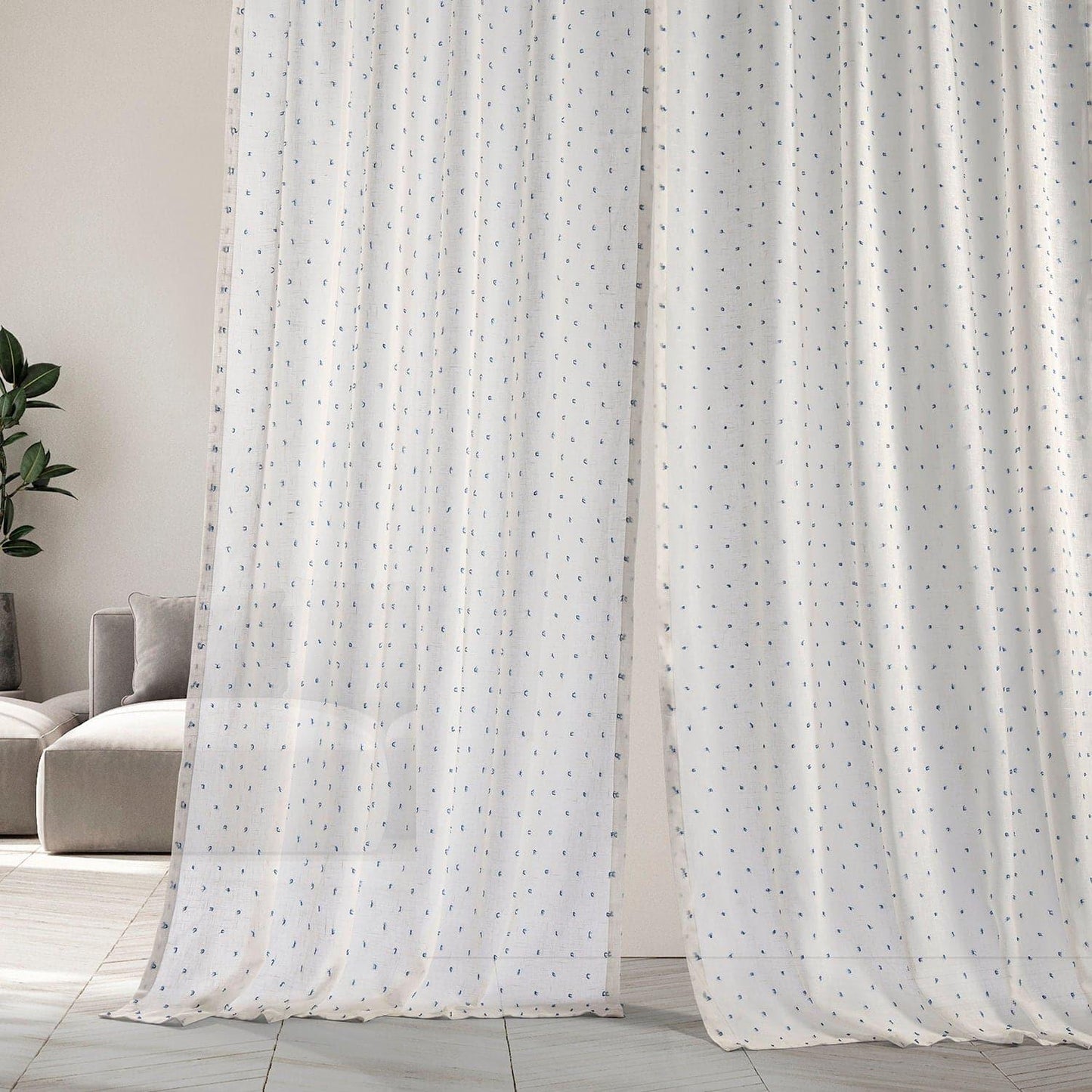 Altair Blue Patterned Faux Linen Sheer Curtain - HalfPriceDrapes.com