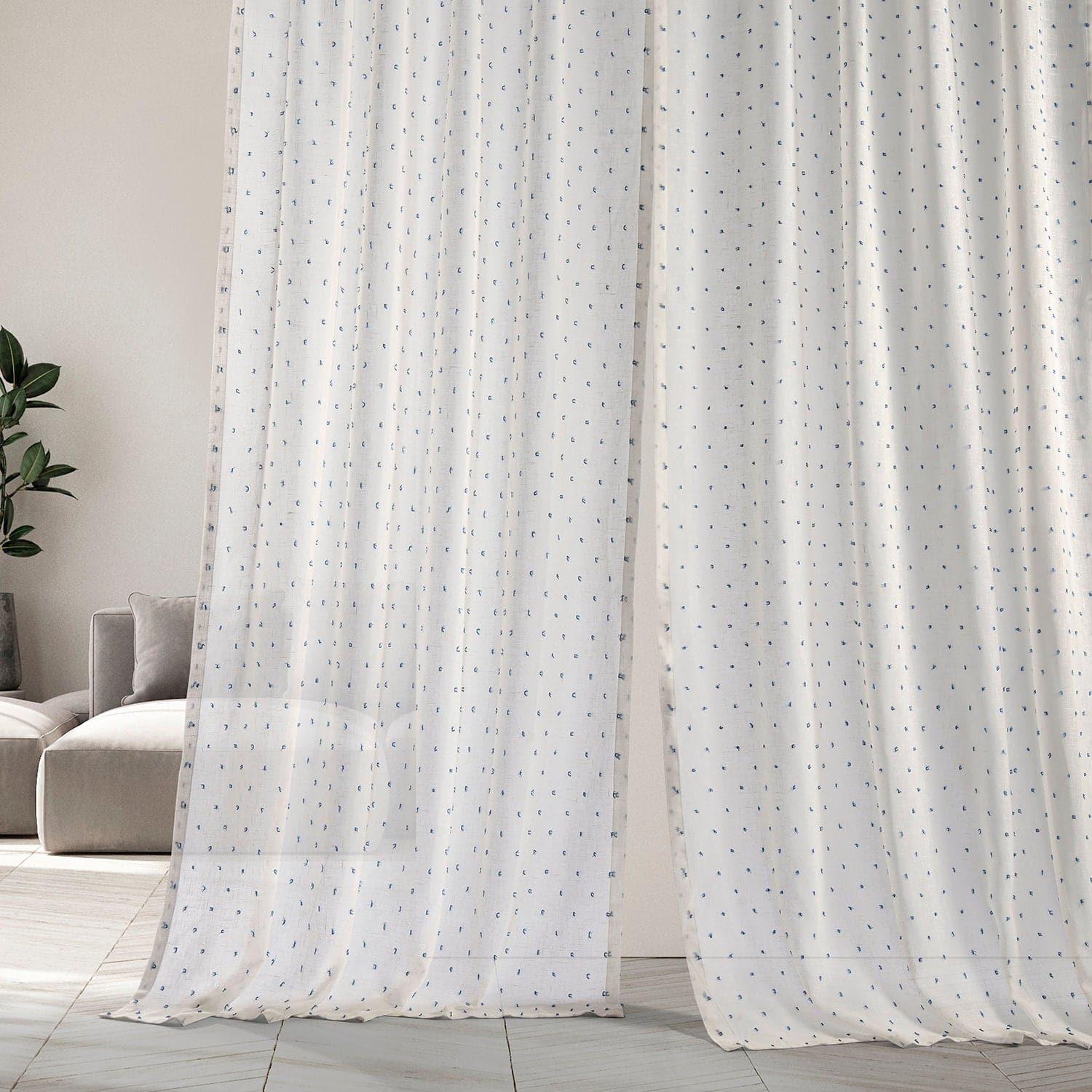 Altair Blue Patterned Faux Linen Sheer Curtain - HalfPriceDrapes.com