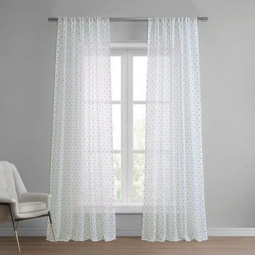 Altair Blue Geometric Patterned Faux Linen Sheer Curtain