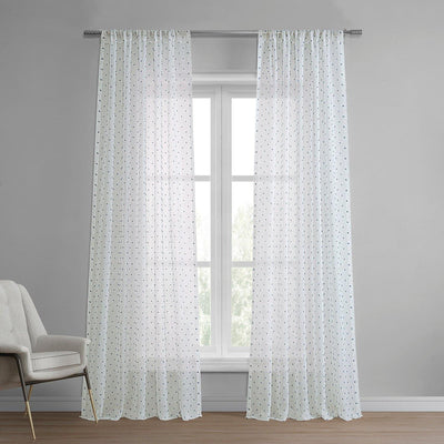 Altair Blue Geometric Patterned Faux Linen Sheer Curtain