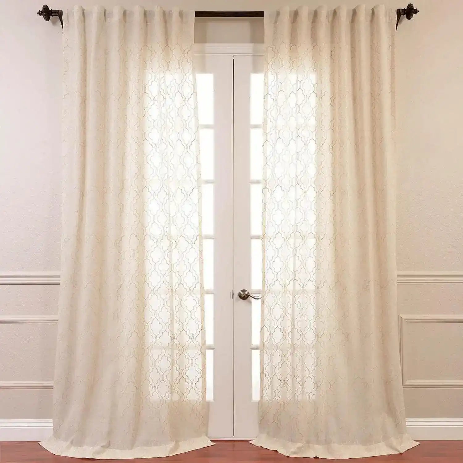 Saida Natural Geometric Embroidered Patterned Faux Linen Sheer Custom Curtain - HalfPriceDrapes.com