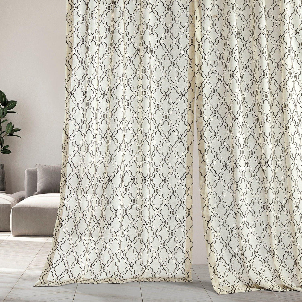 Saida Chocolate Embroidered Patterned Faux Linen Sheer Curtain - HalfPriceDrapes.com