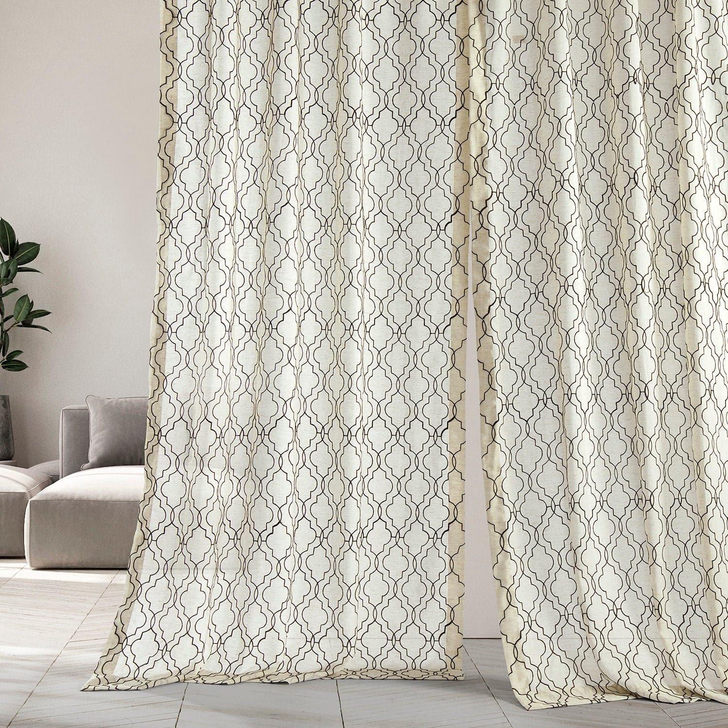 Saida Chocolate Embroidered Patterned Faux Linen Sheer Curtain - HalfPriceDrapes.com