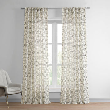 Saida Chocolate Embroidered Geometric Patterned Faux Linen Sheer Curtain