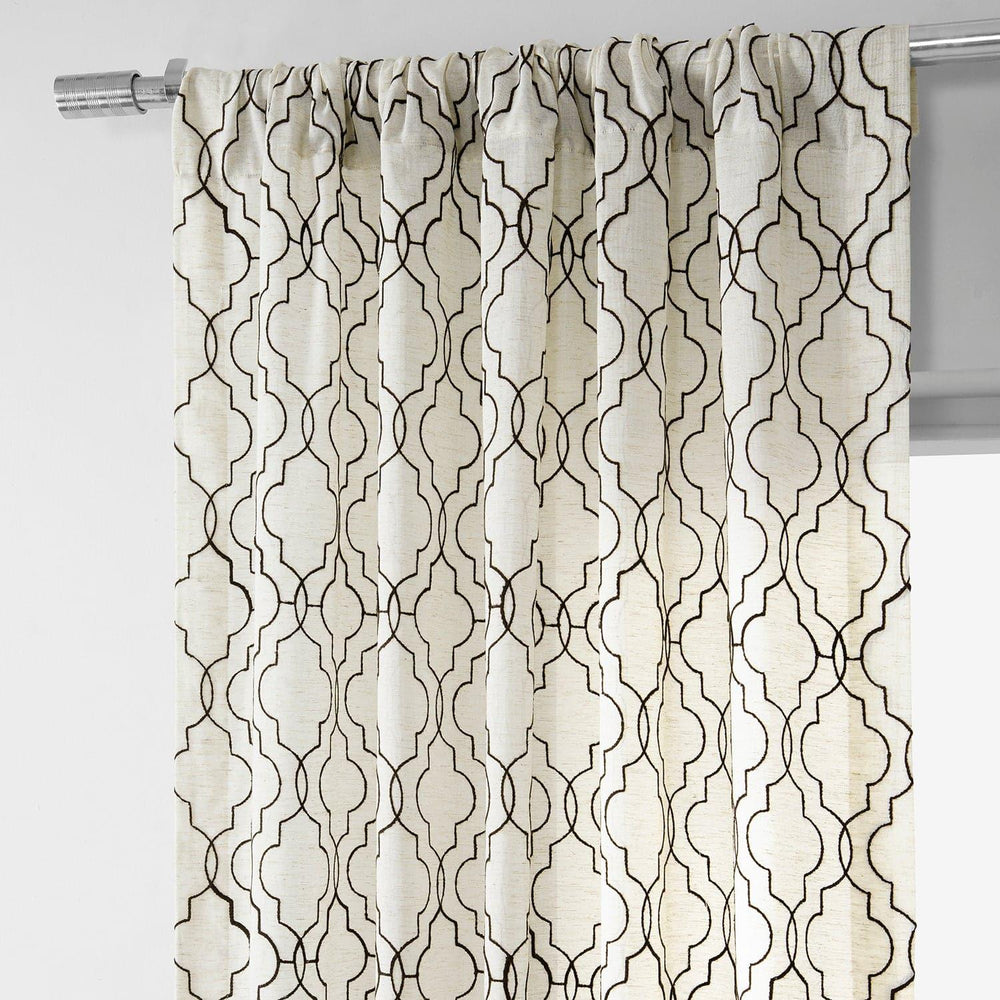 Saida Chocolate Embroidered Patterned Faux Linen Sheer Curtain - HalfPriceDrapes.com