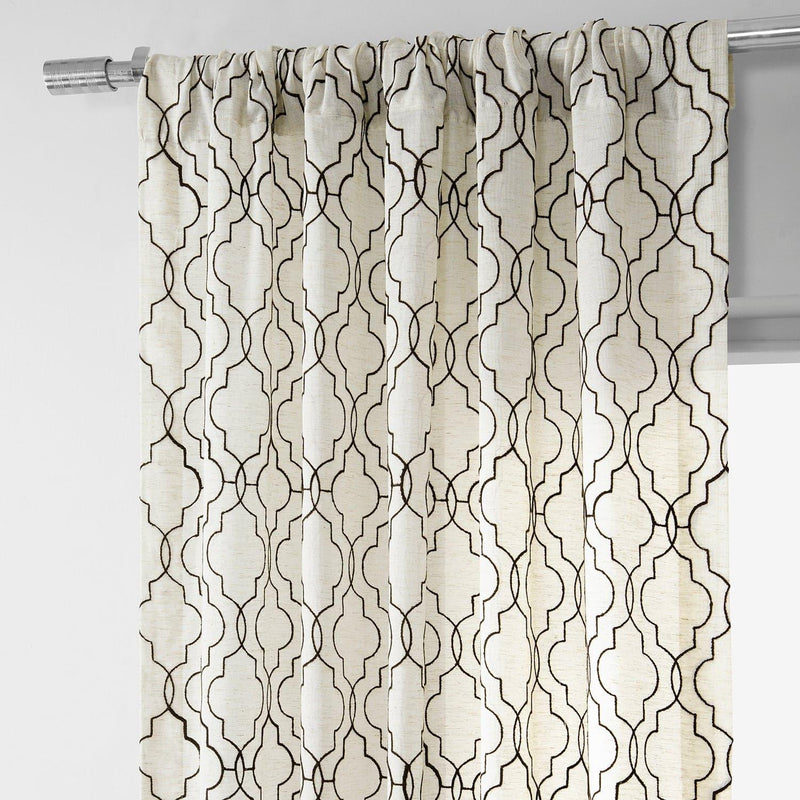 Saida Chocolate Embroidered Patterned Faux Linen Sheer Curtain - HalfPriceDrapes.com