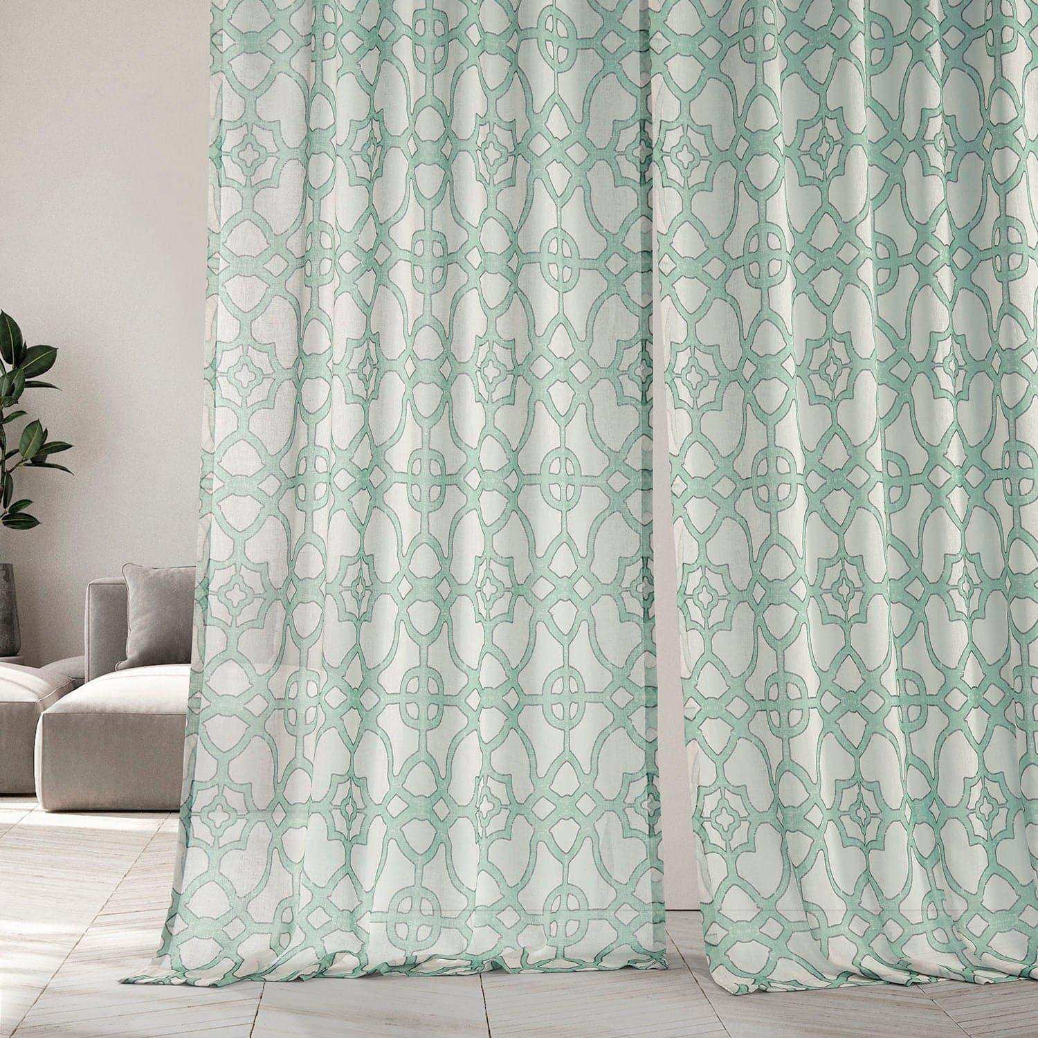 SeaGlass Blue Geometric Printed Sheer Custom Curtain