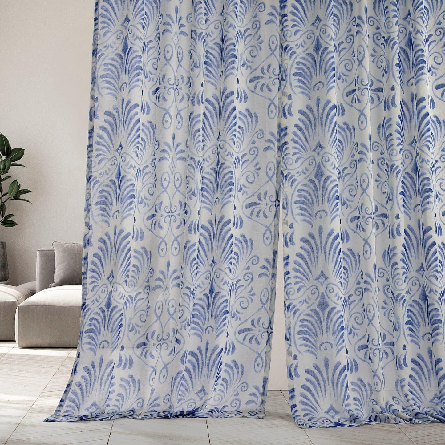 Xenia Blue Printed Sheer Curtain - HalfPriceDrapes.com