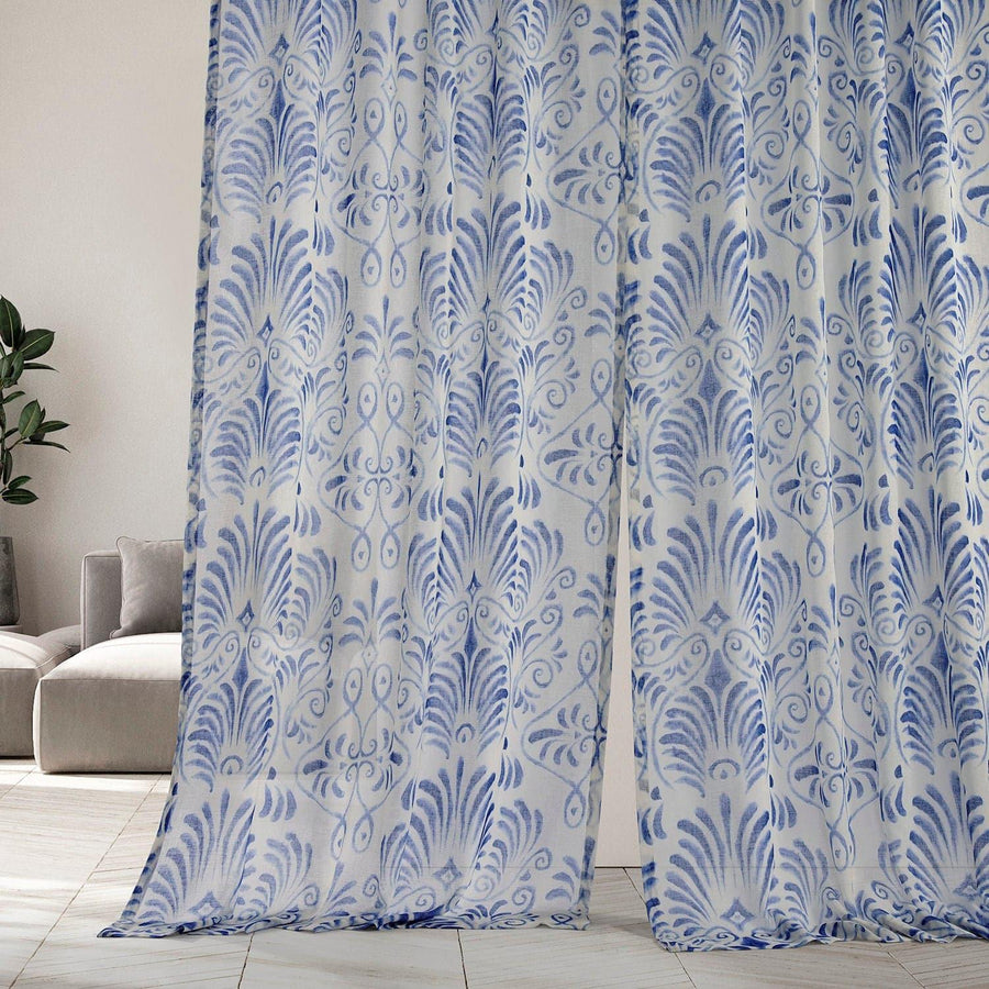 Xenia Blue Printed Sheer Custom Curtain - HalfPriceDrapes.com
