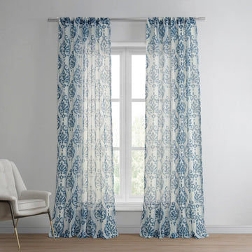 Fresco Blue Damask Printed Sheer Curtain