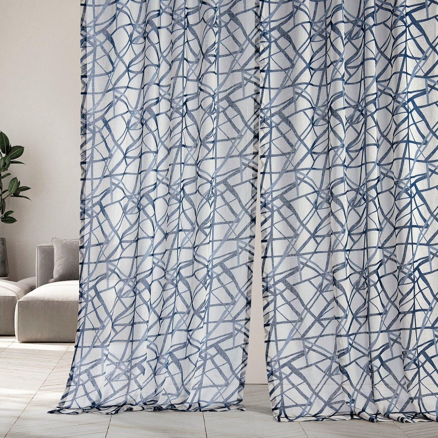 Matrix Blue Printed Sheer Curtain - HalfPriceDrapes.com