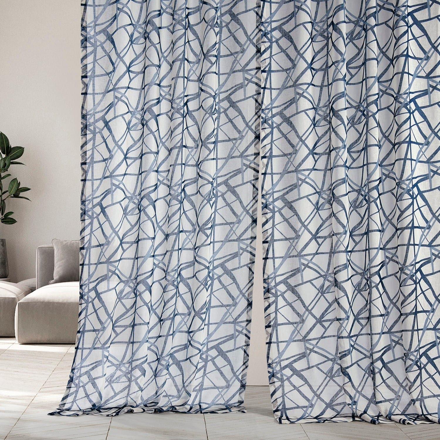 Matrix Blue Printed Sheer Curtain - HalfPriceDrapes.com
