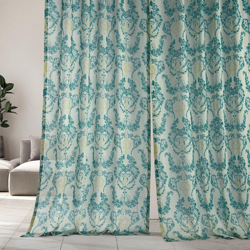 Terrace Teal Printed Sheer Curtain - HalfPriceDrapes.com