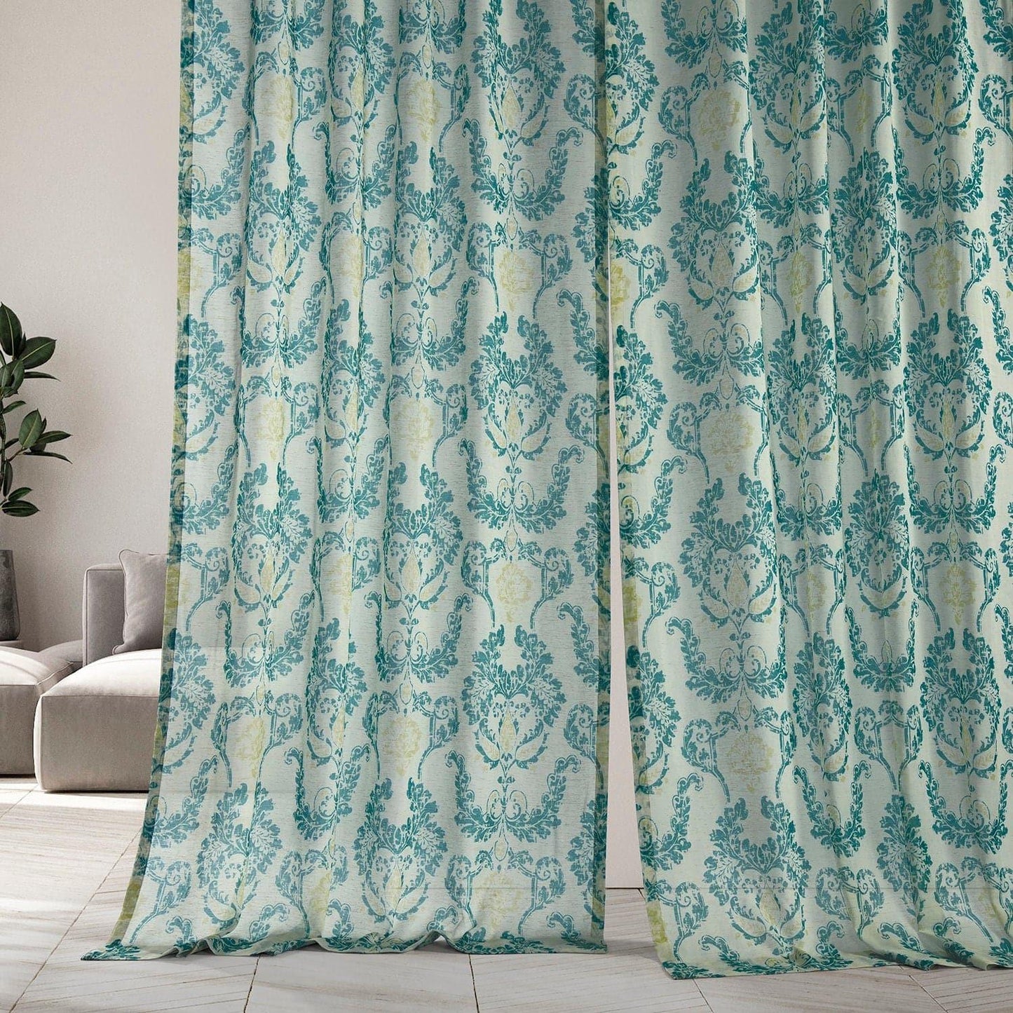 Terrace Teal Printed Sheer Curtain - HalfPriceDrapes.com