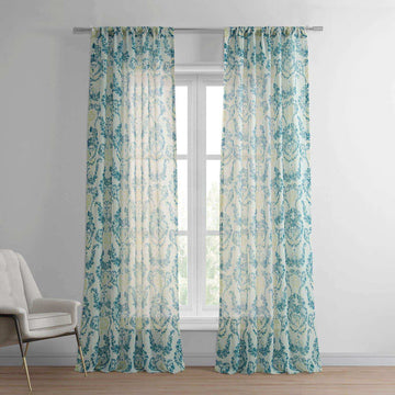 Terrace Teal Printed Sheer Curtain - HalfPriceDrapes.com
