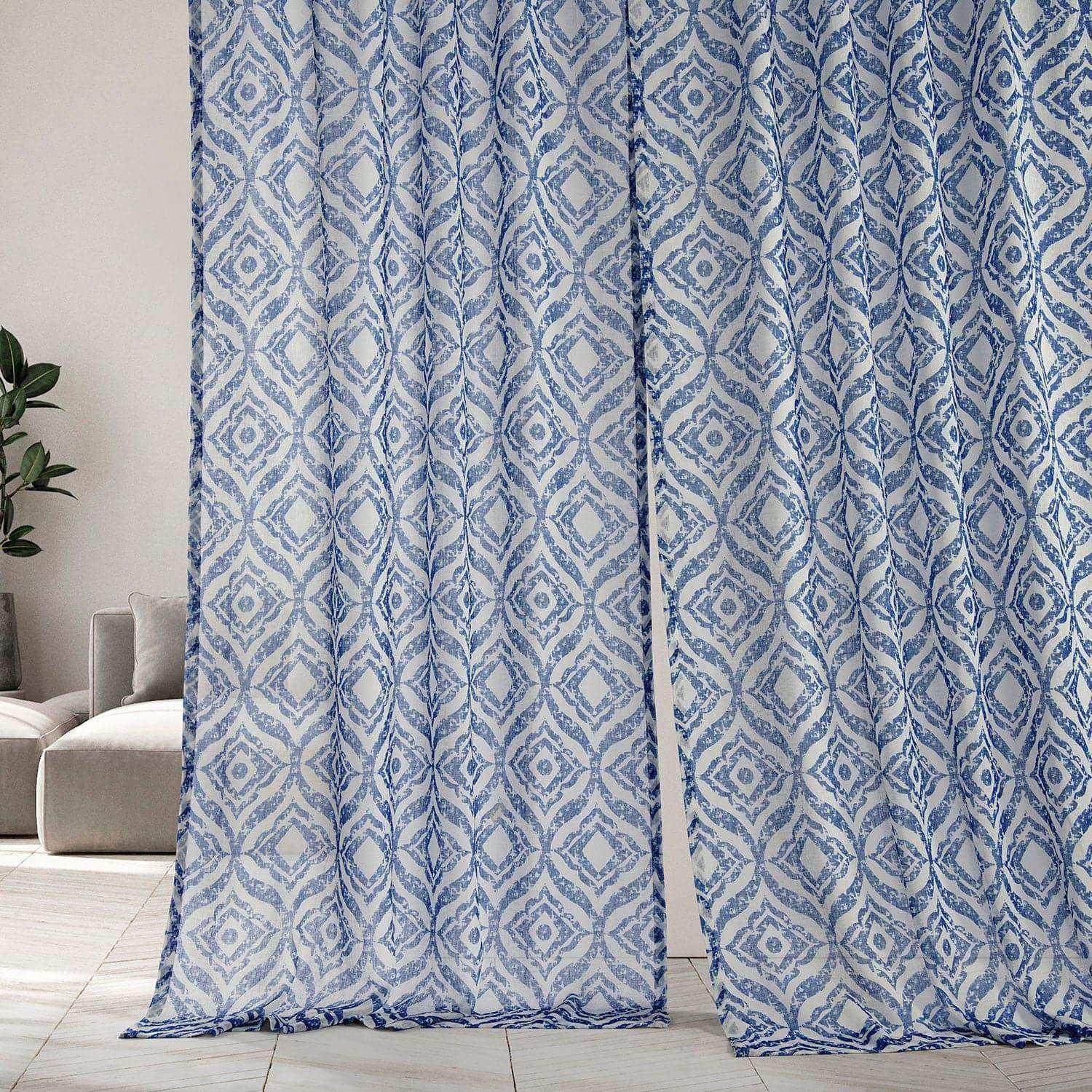 Plaza Blue Printed Sheer Custom Curtain - HalfPriceDrapes.com