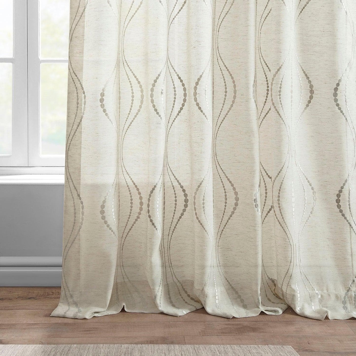 Suez Natural Embroidered Patterned Faux Linen Sheer Curtain - HalfPriceDrapes.com