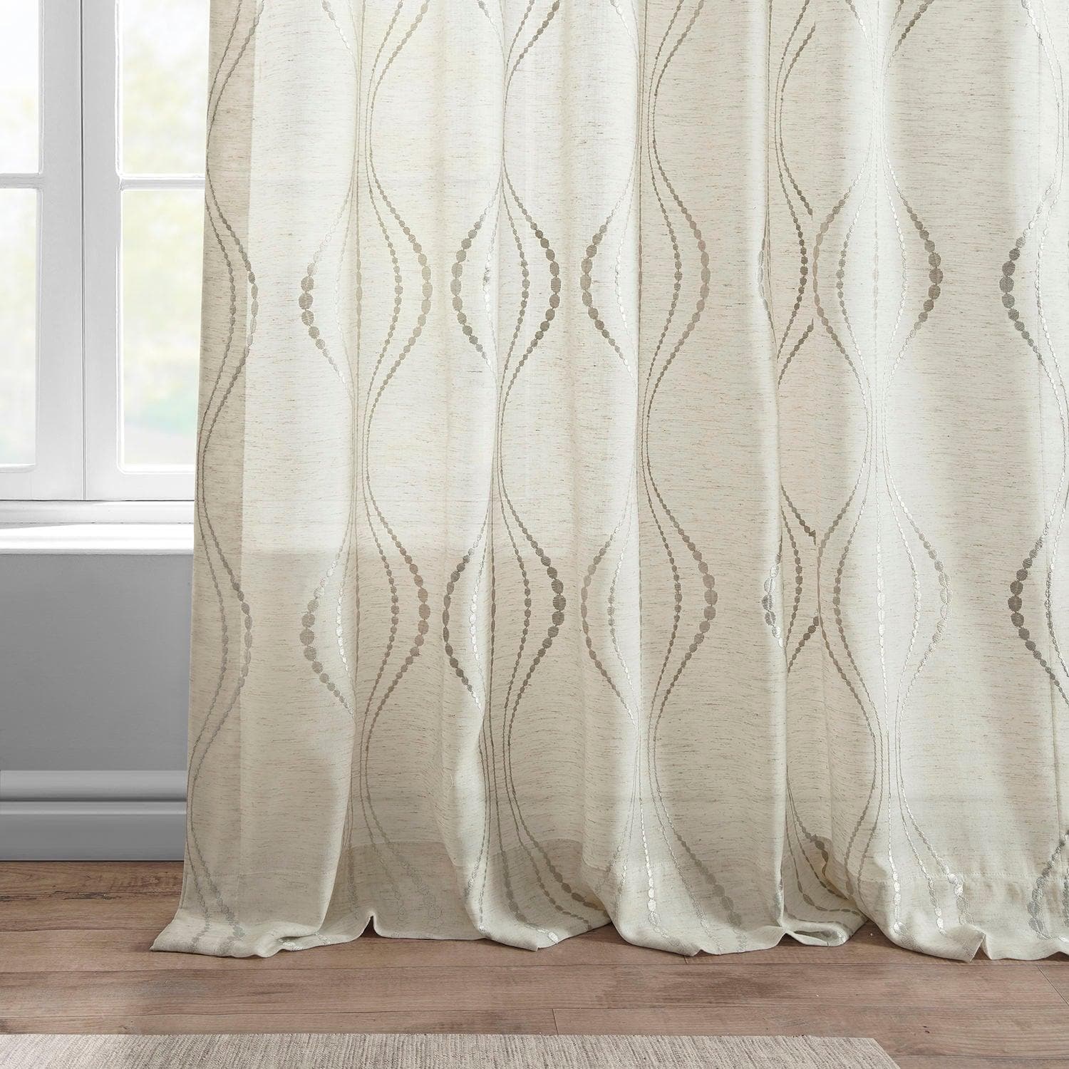 Suez Natural Embroidered Patterned Faux Linen Sheer Curtain - HalfPriceDrapes.com