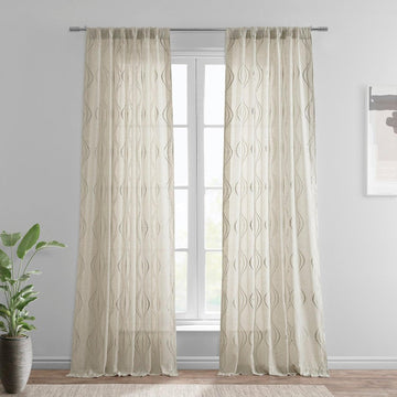 Suez Natural Embroidered Striped Patterned Faux Linen Sheer Curtain