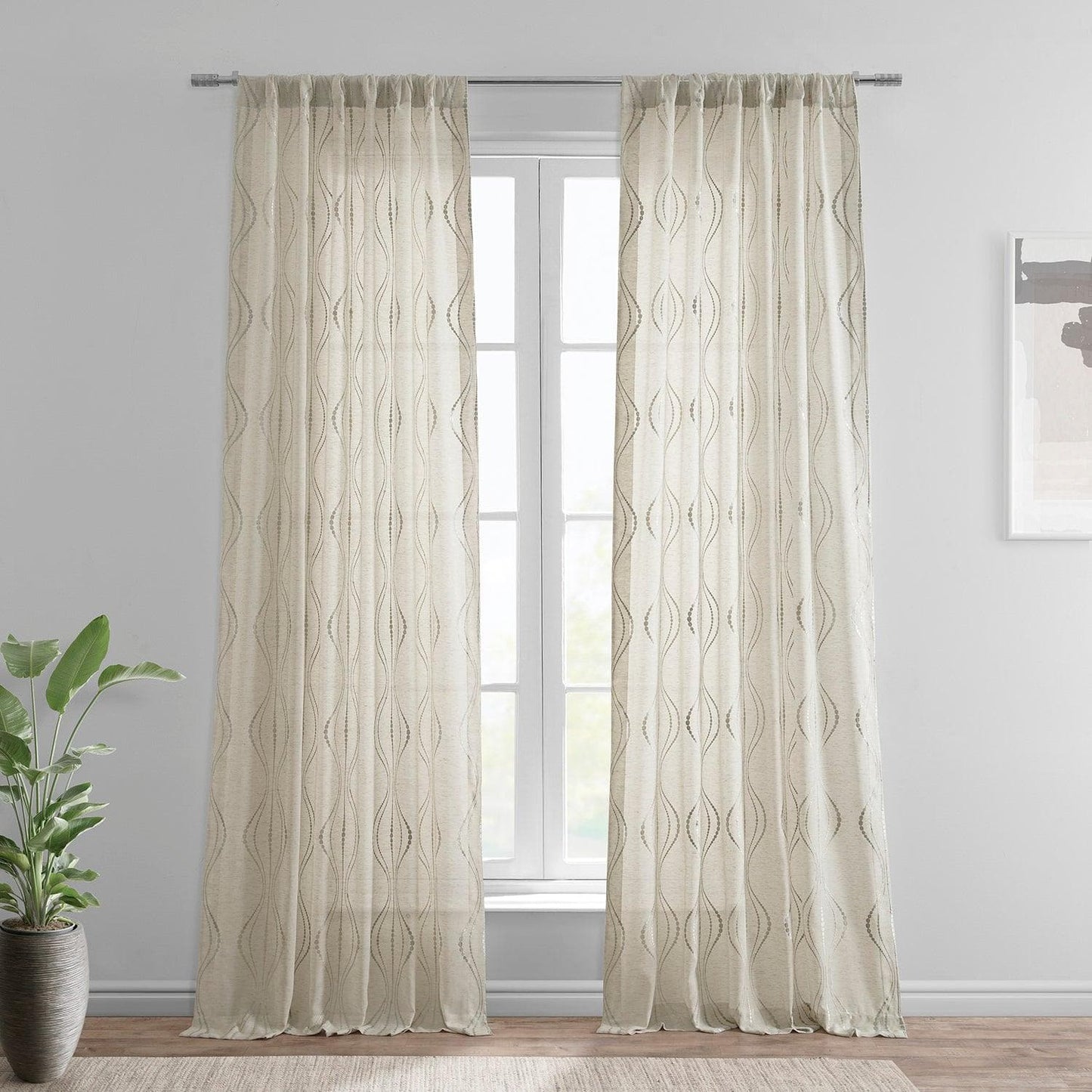 Suez Natural Embroidered Patterned Faux Linen Sheer Curtain - HalfPriceDrapes.com