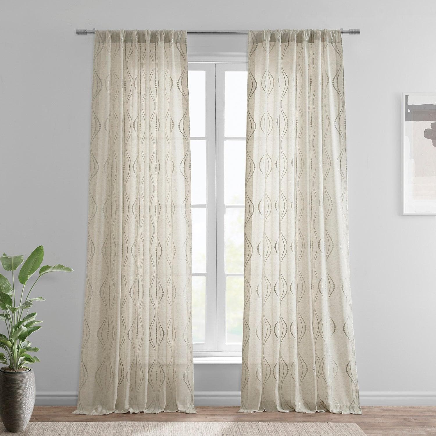 Suez Natural Embroidered Patterned Faux Linen Sheer Curtain - HalfPriceDrapes.com
