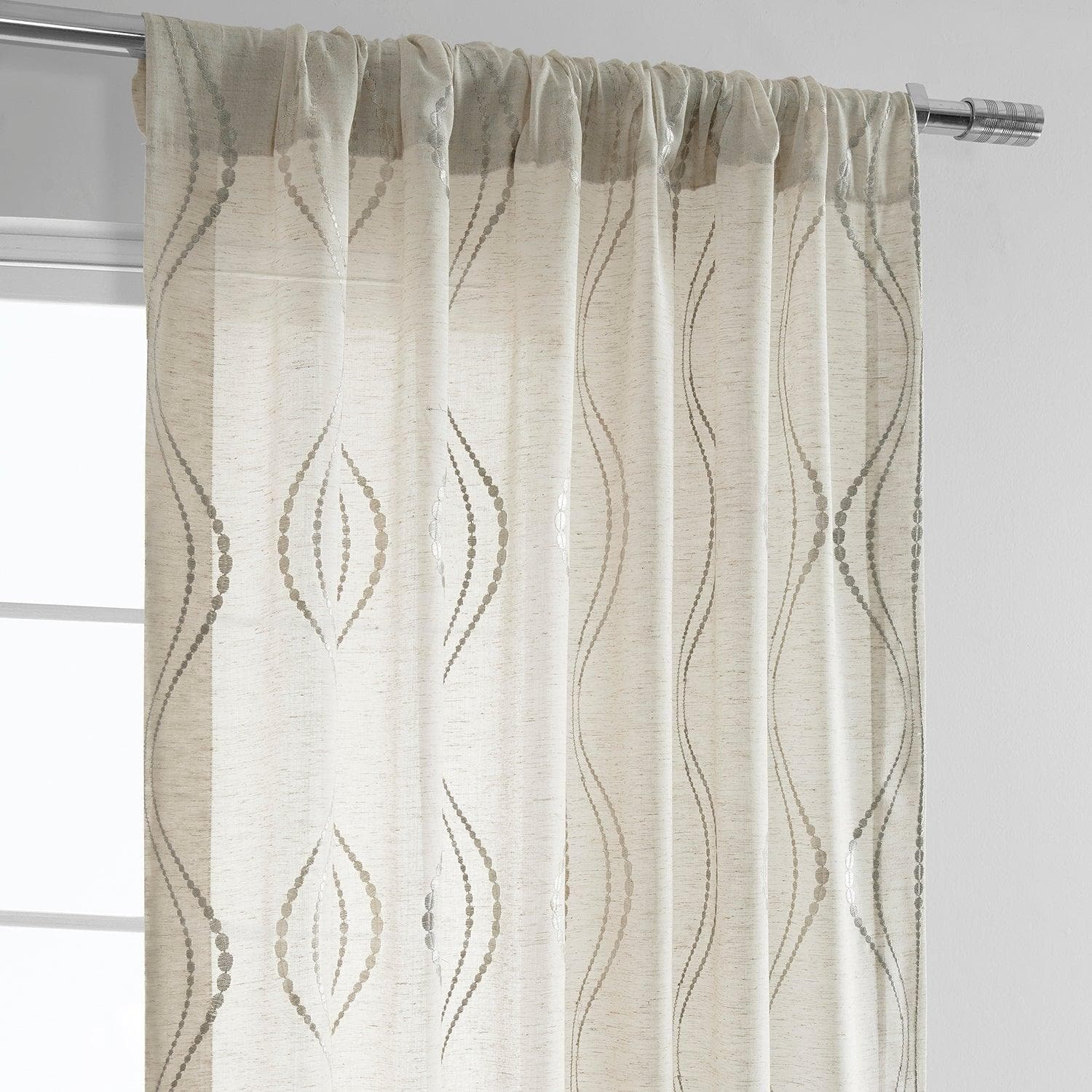 Suez Natural Embroidered Patterned Faux Linen Sheer Curtain - HalfPriceDrapes.com