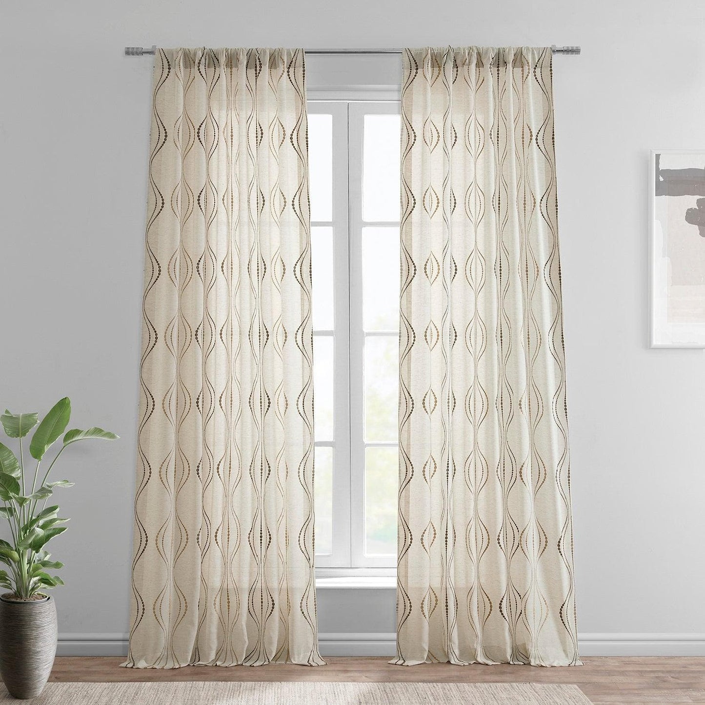 Suez Bronze Embroidered Patterned Faux Linen Sheer Curtain - HalfPriceDrapes.com