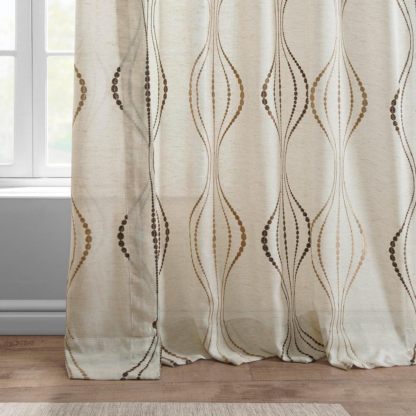 Suez Bronze Embroidered Patterned Faux Linen Sheer Curtain - HalfPriceDrapes.com
