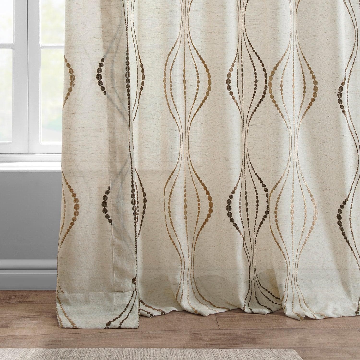 Suez Bronze Embroidered Patterned Faux Linen Sheer Curtain - HalfPriceDrapes.com