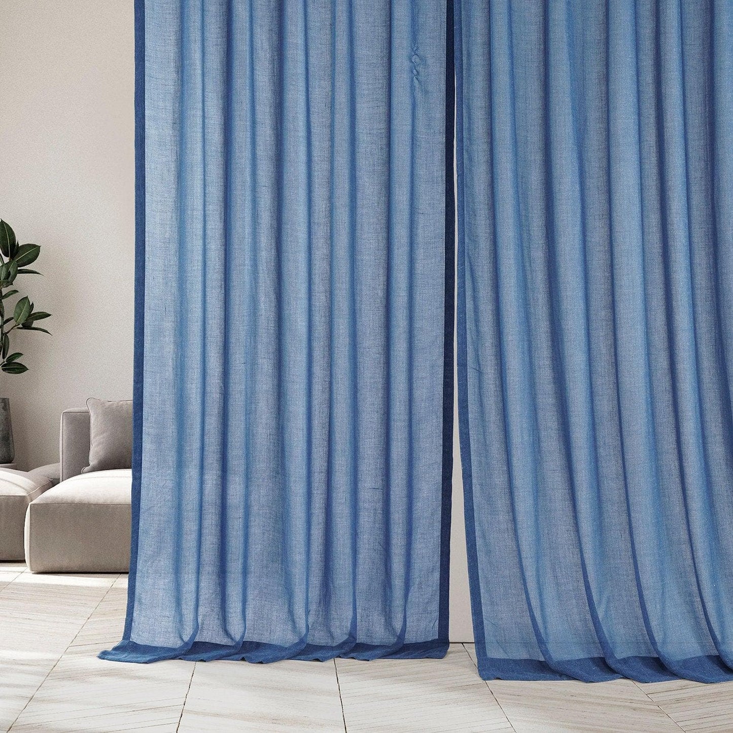 Blue Cyan Faux Linen Sheer Curtain Pair (2 Panels) - HalfPriceDrapes.com
