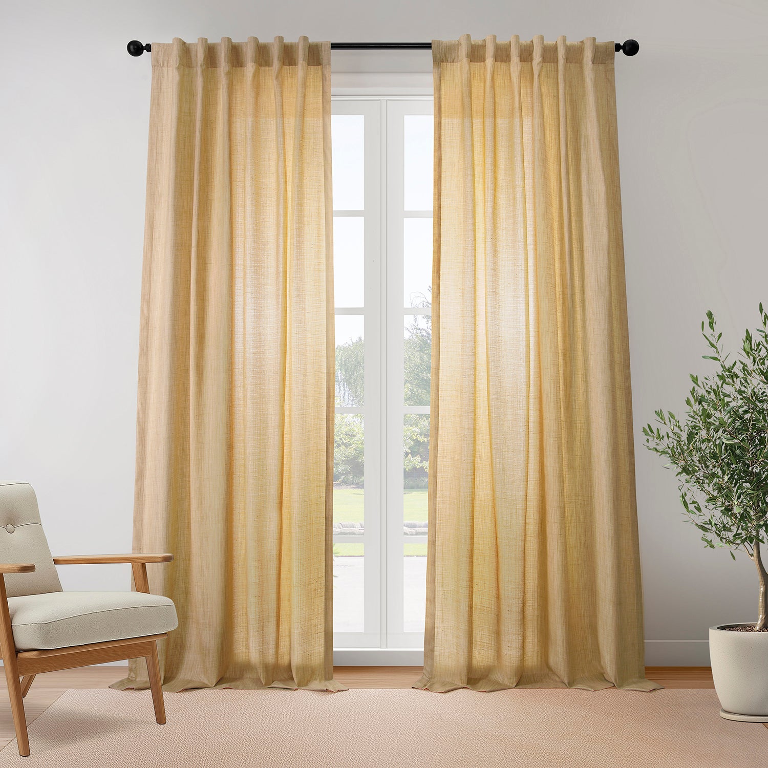 Tan Rustic Linen Weave Light Filtering Curtain Pair (2 Panels)